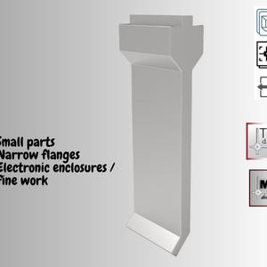 May include: A light gray, geometric, architectural design element with a rectangular body and angled top and bottom. The image includes text: Small parts, Narrow flanges, Electronic enclosures, fine work. Also includes logos for STP, DWG, PDF, TEC design, and M.H designer.