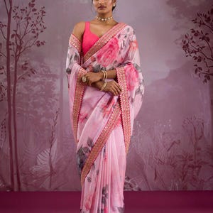 Designer Pink Printed Saree with Gold Lace Border | Bollywood Style Wedding, Reception & Festive Saree for Women