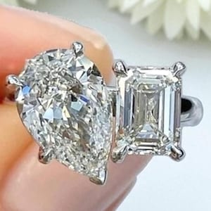 Toi Et Moi Pear & Emerald Cut Moissanite Ring Two Stone Engagement Ring You and Me Ring Dual Diamond Ring Wedding Proposal Ring Gift For Her