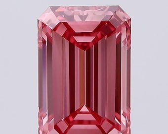 May include: A rectangular emerald-cut gemstone with a vibrant pink hue. The stone features precise, linear facets that create a symmetrical pattern of light and dark reflections across its surface, showcasing a deep, saturated pink colour throughout.