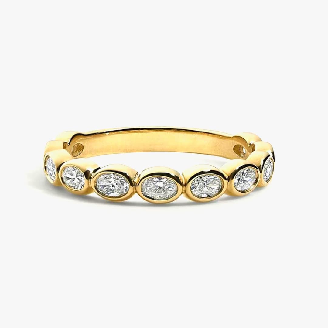Oval Moissanite Wedding Band, 14K Yellow Gold Bezel Set Eternity Ring ...