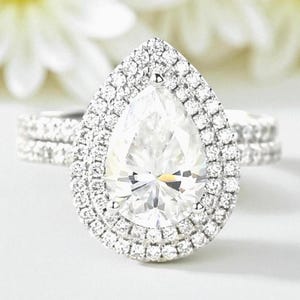 2CT Pear Cut White Moissanite Engagement Ring Set Double Halo Bridal Ring Silver Ring Wedding Band Set Sparkly Teardrop Promise Ring for Her
