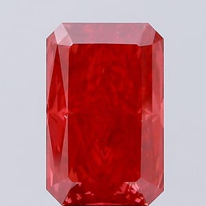 May include: A faceted, rectangular-cut gemstone with a deep red hue. The gem's surface reflects light, showcasing its multiple facets and internal clarity. The shape is an emerald cut, with a rectangular body and beveled corners.