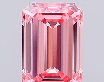 May include: A rectangular pink gemstone with an emerald cut. The gem has a vibrant pink hue with internal facets that reflect light. The top and bottom of the gem have a geometric design.