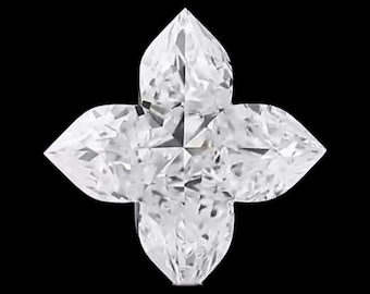 May include: A clear, four-petal diamond cut against a black background. The gemstone's facets reflect light, creating a sparkling effect. The design resembles a stylized flower or a four-leaf clover.