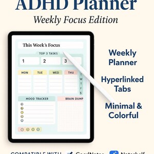 Puede incluir: Un planificador digital para TDAH en una tableta, con un diseño semanal centrado en tareas, seguimiento del estado de ánimo y un 'brain dump'. El planificador tiene pestañas con hipervínculos y una estética minimalista y colorida. Un lápiz óptico está en la pantalla.