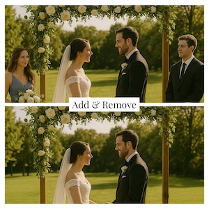 May include: A wedding ceremony scene featuring a bride and groom under a floral arch. The bride wears a white dress and veil, while the groom is in a black suit. A bridesmaid and groomsman stand nearby. The text "Add & Remove" is visible.