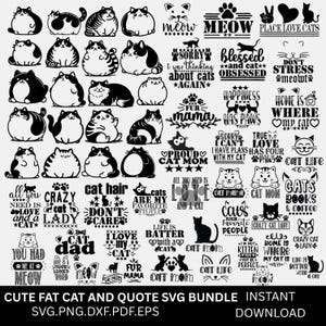 Puede incluir: Un paquete SVG en blanco y negro con diseños de gatos gordos y citas. La colección incluye varias ilustraciones de gatos, huellas de patas y frases como "Meow", "Crazy Cat Lady" y "Home is where my cat is."