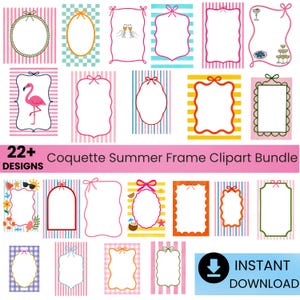 Hand Drawn Coastal Summer Frames with Bow & Ribbon Clipart, Whimsical Wavy Border for Invitation, Wedding, Baby Shower ,Hand-Drawn Frame