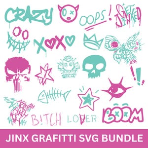 May include: A selection of teal and pink graffiti-style illustrations, featuring words like "CRAZY" and "BOOM", alongside symbols such as a skull, stars, and hearts. The text "JINX GRAFITTI SVG BUNDLE" is at the bottom.
