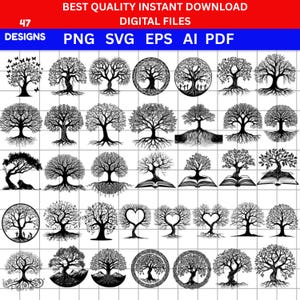 Op de afbeelding: Een verzameling van 47 digitale boomontwerpen in verschillende stijlen, waaronder bomen met vlinders, hartvormige bomen en bomen in cirkels. Beschikbaar in PNG-, SVG-, EPS-, AI- en PDF-formaten. De tekst bovenaan luidt "BEST QUALITY INSTANT DOWNLOAD DIGITAL FILES".