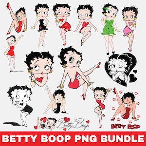 May include: A selection of Betty Boop PNG images in different poses and outfits. The images show Betty Boop in red, black, and green dresses, with some in black and white. The text "Betty Boop PNG Bundle" is at the bottom.