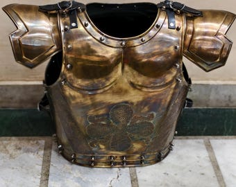Steel Muscle Armor Jacket | Brass Finish Roman Chest Plate, Shoulders