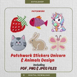 Può includere: Una collezione di adesivi patchwork colorati raffiguranti una fragola, un pesce, un unicorno, un gatto, un coniglio e una farfalla. Gli adesivi sono progettati con vari colori e texture, perfetti per lavori creativi. Testo: "Patchwork Stickers Unicorn & Animals Design".