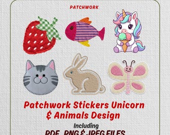 Patchwork-Tiervorlagen zum Ausdrucken | Einhorn, Katze & Tiere Patchwork-Kunst | Tier-Patchwork-Arbeitsblatt | Digitaler Download (PDF, PNG, JPG)