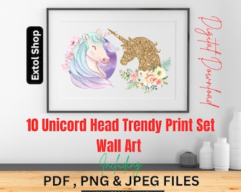 10 Einhornkopf-Cliparts | PNG, JPG, PDF | Magische Wandbilder | Digitaldruck | Sofortiger Download