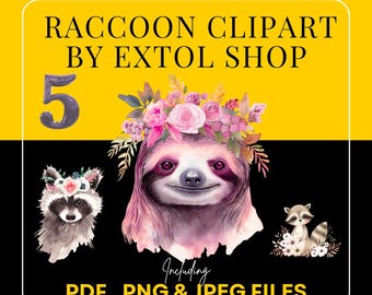 5 Waschbär Clipart mit Blumen l PNG JPG PDF l Süßes Waldtier-Bundle l Extol Shop l Digitaldruck l sofortiger digitaler Download