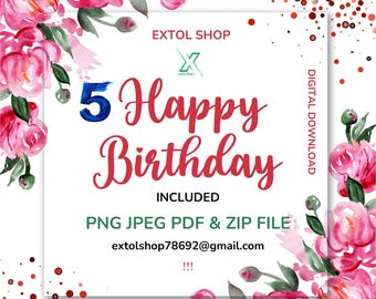 5 Geburtstagskarten mit Blumenmotiv | Blumenkarte | Wunschkarte | Digitaler Download | Sofortiger Download