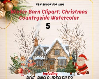 5er-Set Aquarell-Weihnachtsmotive auf dem Land | PNG, JPG, PDF | Kunstdrucke | Extol Shop | Winterscheunen-Cliparts | Sofortiger digitaler Download