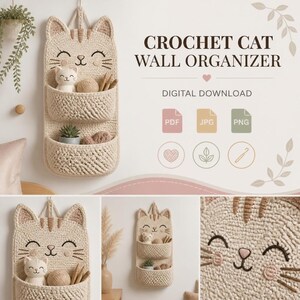 Può includere: Un organizer da parete all'uncinetto color beige a forma di gatto con due tasche, caratterizzato da un muso di gatto con occhi, baffi e naso ricamati. Il testo recita CROCHET CAT WALL ORGANIZER, DIGITAL DOWNLOAD, PDF, JPG, PNG, con icone di cuore, foglia e uncinetto.