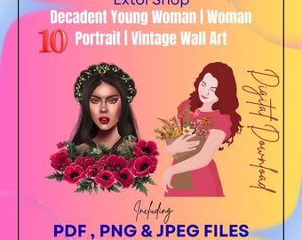 10 dekadente junge Frauen | PNG JPG PDF | Vintage-Frauenporträt | Extol Shop | Digitaldruck | Sofortiger digitaler Download