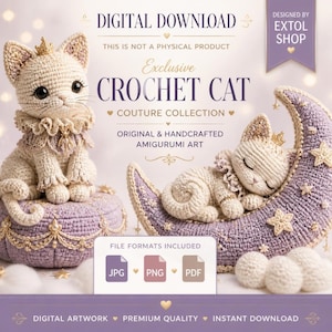 Può includere: Un download digitale con due gatti all'uncinetto color crema. Un gatto è seduto su un cuscino color lavanda, l'altro dorme su una mezzaluna color lavanda. Il testo include DIGITAL DOWNLOAD, EXCLUSIVE CROCHET CAT, COUTURE COLLECTION e FILE FORMATS INCLUDED JPG PNG PDF.