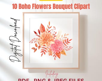 10 Boho-Blumenstrauß-Cliparts | PNG, JPG, PDF | Boho-Wandkunst | Extol Shop | Digitaldruck | Sofortiger digitaler Download