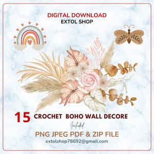 15 Crochet Boho Wall Decor Pattern PDF, Modern Macrame Style Hanging Tutorial, Textured Chic Room Decor , Digital PNG JPG Craft Files