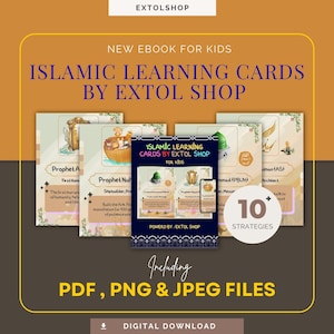 Può includere: Download digitale di schede didattiche islamiche per bambini. Le schede presentano illustrazioni di profeti e il testo "Islamic Learning Cards by Extol Shop". Include file PDF, PNG e JPEG. Offre 10 strategie.
