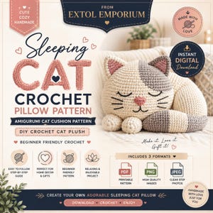 Può includere: Un modello digitale all'uncinetto per un cuscino a forma di gatto dormiente di Extol Emporium. L'immagine mostra un peluche a forma di gatto color crema e grigio con naso rosa e occhi chiusi. Il testo include Sleeping Cat Crochet Pillow Pattern e Includes 3 Formats.