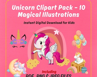 10 Einhorn-Cliparts (PNG, JPG, PDF) | Magische Wandillustrationen | Digitaldruck | Sofortiger Download