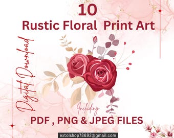 10 rustikale Wandbilder mit Blumenmotiven | PNG, JPG, PDF | Gemälde mit rosa Nelken und Weizenfeld | Extol Shop | Digitaldruck | Sofortiger digitaler Download