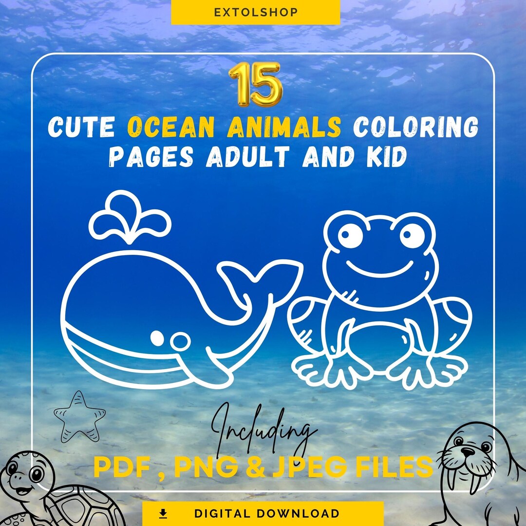 15 Cute Ocean Animals Coloring Pages L PNG JPG PDF L Adult & Kid ...