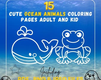 15 süße Malvorlagen mit Meerestieren l PNG JPG PDF l Malvorlagen für Erwachsene und Kinder l Extol Shop l Digitaldruck l sofortiger digitaler Download