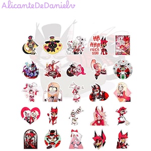 Puede incluir: Una colección de pegatinas coloridas con varios personajes de dibujos animados. Las pegatinas muestran una variedad de diseños, incluyendo personajes con cuernos, sombreros y otras características únicas. Algunas pegatinas tienen el texto "HA HA FUCK YOU" y "HAZBIN HOTEL".