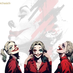 May include: Digital illustration featuring three figures with clown-like makeup and red jackets, smiling and laughing. The background includes a faded image of a clown face and red brushstrokes. The text "AlicanteDeDanielv" is in the upper left corner.