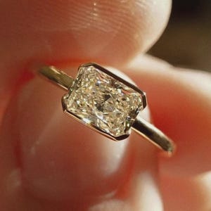 East West Radiant Cut Half Bezel Set, 1.90 CT Radiant Cut Moissanite Engagement Ring, 14K Solid Gold, Classic Solitaire Wedding Ring Gift