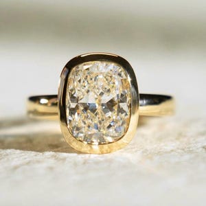 3 CT Cushion Cut Moissanite Ring | Bezel Set Engagement Ring | 14K/18K Solid Yellow Gold | Minimalist Wedding Ring | Gift for Her