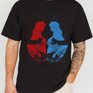 Red and Blue Anime Girls T-Shirt | Japanese Aesthetic Streetwear Tee | Dual Color Manga Art Shirt for Men