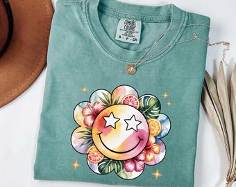 Summer Floral Smiley Face Tee: Retro Comfort Colors Beach StyleRetro Star Beach Vibes Shirt