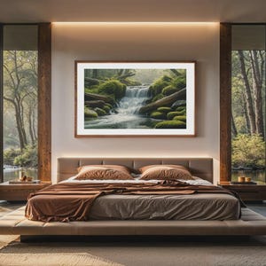 Waterfall Wall Art Print | Nature-Inspired Calm Decor for Meditation Room | Tranquil Sanctuary Flow Landscape | Serene Home Art