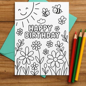 Cartão de Feliz Aniversário para Colorir – Cartão Dobrável para Imprimir para Crianças – Design de Flores, Abelhas e Sol – Download Instantâneo