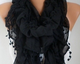 Black Cotton Scarf Black Ruffled Scarf Black Lace Scarf Black Scarf Fringe Cowl Scarf with Fringe Lace Scarf Women Best Selling Items