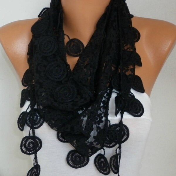 UNIQUE/ Black Lace Scarf ,Spiral Trim,Shawl Cowl Scarf Bridesmaid Gift Gift Ideas For Her Women's Fashion Accessories