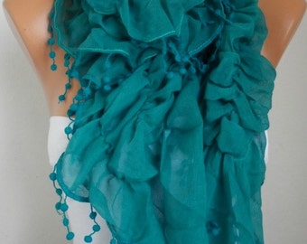 Teal Ruffle Cotton Scarf Cowl Scarf Gift Ideas For Her Women's Fashion Accessories Women Scarves