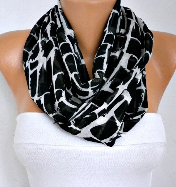 Items similar to ON SALE Black White Infinity Scarf Spring Summer