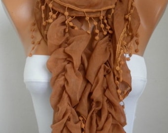 Caramel Ruffle Cotton Scarf,Clothing gift, Cowl Scarf, Shawl, Gift For Her, Women Fashion Accessories,Birthday Gift