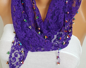 Purple Lace Scarf wood bead crochet Shawl Cowl Scarf Bridesmaid Gift Gift Ideas For Her Women's Fashion Accessories