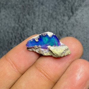 Op de afbeelding: Een levendige, ruwe opaal edelsteen met een opvallende weergave van blauwe en groene iriserende kleuren. De opaal is gezet tegen een ruwe, beige matrix, die zijn natuurlijke vorm laat zien. De edelsteen wordt in een hand gehouden, wat de grootte en kleur benadrukt.