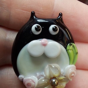 Tuxedo Floral Kitty Focal Bead- Made To Order - lampwork glass beads - UKhandmade